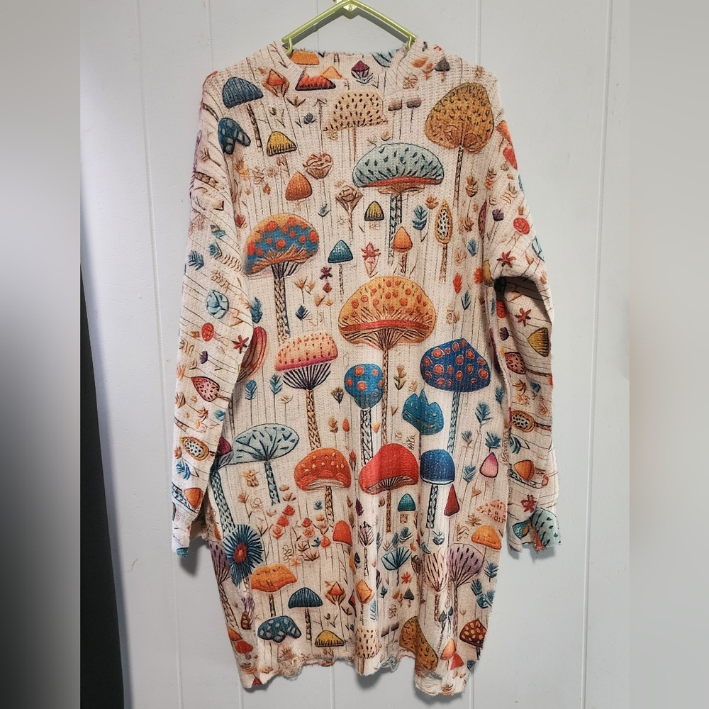 NIP Distressed Look Colorful Mushrooms Oversized Sweater - Picture 10 of 13